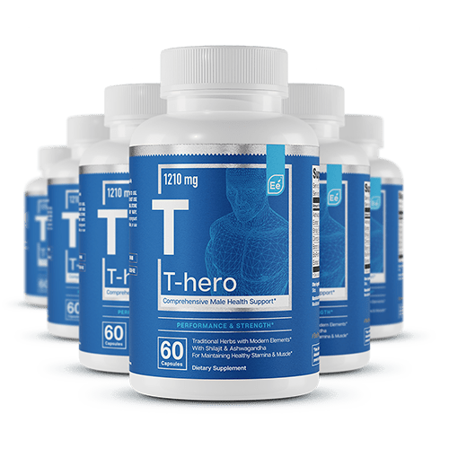 T-hero 1210 mg male health support supplement bottles arranged in a circle, white caps, blue labels showing 60 capsules per