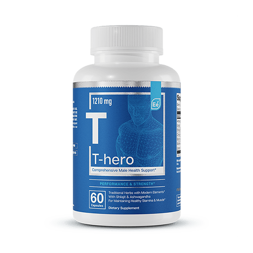 T-hero 1210 mg comprehensive male health support supplement bottle with 60 capsules