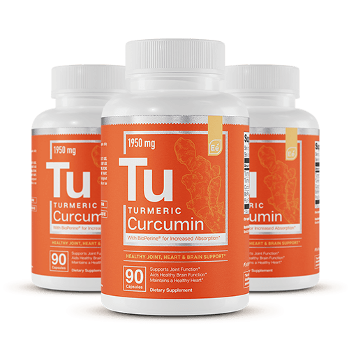 Essential Elements Turmeric Curcumin 1950 mg, three white bottles with orange labels showing 90 capsules per bottle