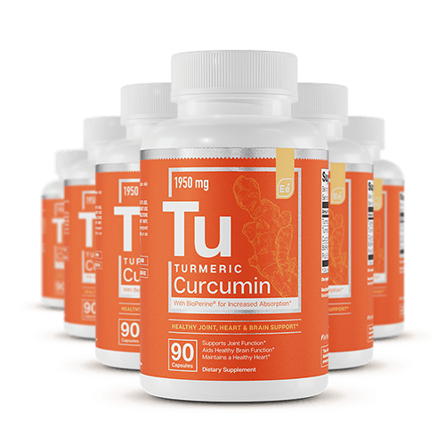 Essential Elements Turmeric Curcumin 1950 mg supplement bottles with white caps arranged in a group display