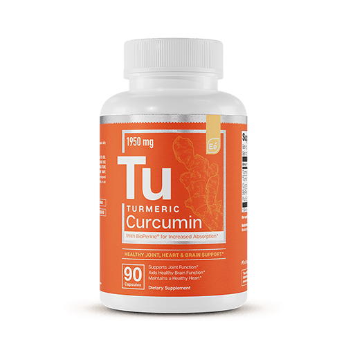 Essential Elements Turmeric Curcumin 1950 mg supplement bottle with 90 capsules, white container with orange label